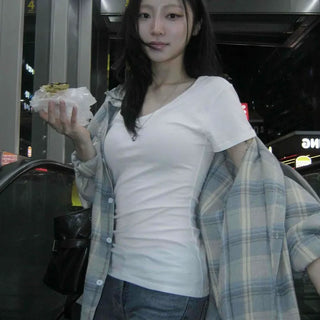 New Basic Plain Deep U-Neck Short Sleeve T-Shirt