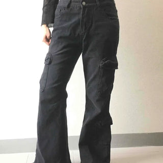 Black daily plain pocket denim long pants