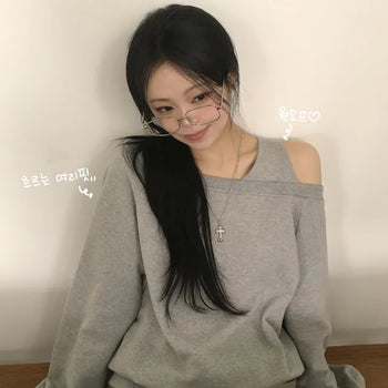 Full of cuteness, One-off Shoulder Raglan Delicate Loose Fit Daily Plain Sweatshirt