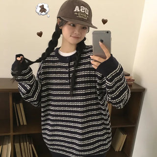 Guaranteed Cuteness, Striped Round Button Boxy Oversized Long Sleeve Knit