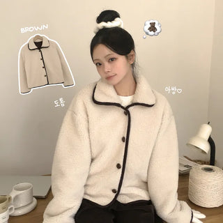 Full of Cuteness, Teddy Bear Fleece Contrast Collar Wood Button Avant Loose Fit Sherpa Jacket