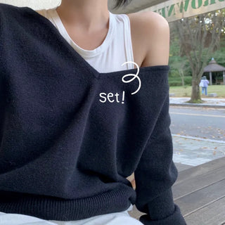 Baron Deep V-Neck Loose Fit Layered Sleeveless Knit Set