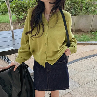 Kailet Basic Round Neck Cardigan Wool Modal Plain Crop Long Sleeve Knit Sweater Spring Autumn
