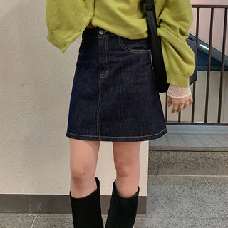 Beige Non-Faded Raw Denim Mini Skirt Stitch H-Line Denim Skirt Autumn