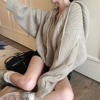 Dayfun Cable Knit Zip-up Hoodie [11% Wool]