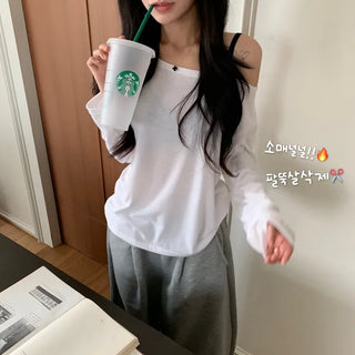 [Fleece-lined/Delicate Fit] Basic Boxy Fit Off-shoulder Long Sleeve T-shirt for Autumn/Winter