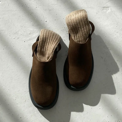 Cow leather suede mule loafers   Leather mule sandals AutumnWinter round platform flats shoes