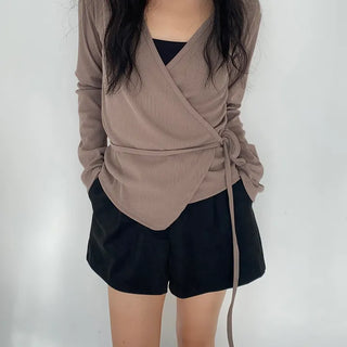 V-neck Wrap Cardigan   Long Sleeve Ribbed Layered Top
