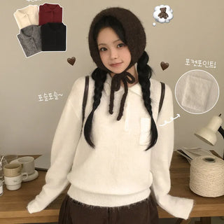 Cute Avant-garde Fit, Thick Wool Angora Mohair Pocket Collar Button Delicate Loose Fit Soft Long Sleeve Knit