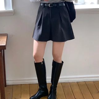 High-Waisted Wool Shorts A-Line Pintuck Shorts
