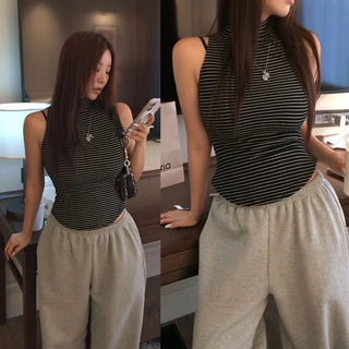Terrace Striped Mock Turtleneck Sleeveless [Double Brushed]