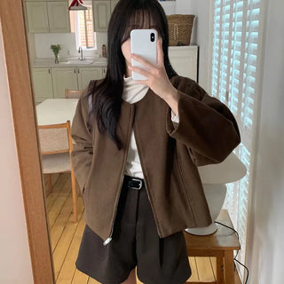 Collarless Round Quilted Wool Jacket