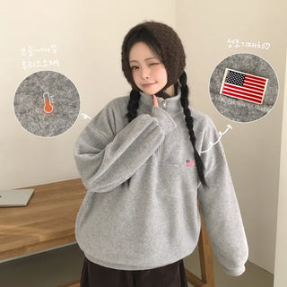 Cozy as a blanket, American Flag Patch Anorak Half-Zip Collar Oversized Fleece Sweatshirt