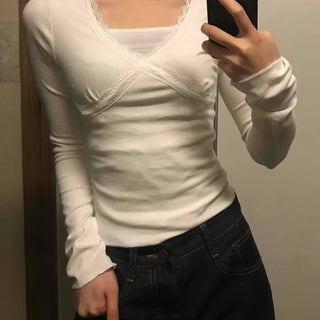 Lace Cross Wrap Square Neck Ribbed T-shirt