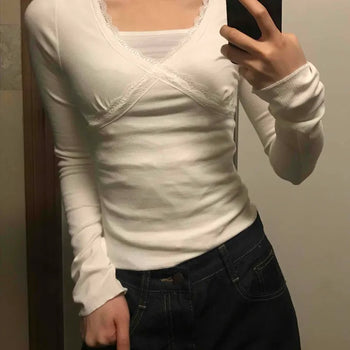 Lace Cross Wrap Square Neck Ribbed T-shirt