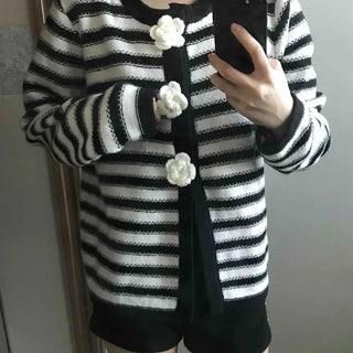 Flower button striped knit cardigan