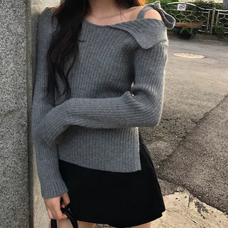 Pleated Ribbon Slit One-Shoulder Ribbed Knit