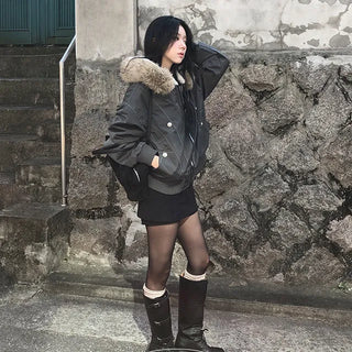 Bonnie Cut-out Fur Hooded Oversized Padded Jumper