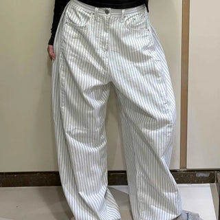 Striped Balloon Fit Loose Denim Long Pants