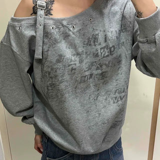 Lettering Studded Off-Shoulder Belted Oversized Sweatshirt