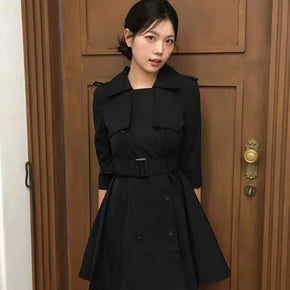 Double Button Belted Trench Coat Flare Dress