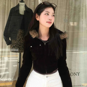 Raccoon Fur Trimmed Crop Zip-Up Velvet Jacket