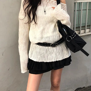 PP One-Shoulder Punched Loose Fit Long Sleeve Knit