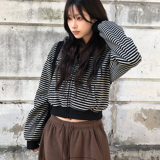 Nico Striped Crop Fleece Zip-Up Hoodie