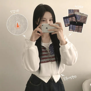 Full of cuteness, Vintage American Flag Print Two-way Crop Fleece Zip-up Hoodie
