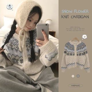 Cute Avant-garde Fit, Sapporo Snow Snowflake Dot Round Neck Raglan Avant-garde Loose Fit Knit Cardigan