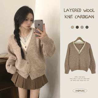 Delicate Avant-garde Fit, Madeleine One-piece Layered V-neck Avant-garde Loose Fit Wool Knit Cardigan
