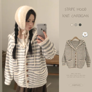 Cozy Avant-garde Fit, Striped Wood Button Avant-garde Loose Fit Hooded Knit Cardigan