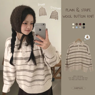 Full of cuteness, Thick Wool Striped Button Collar Avant-garde Loose Fit Long Sleeve Knit