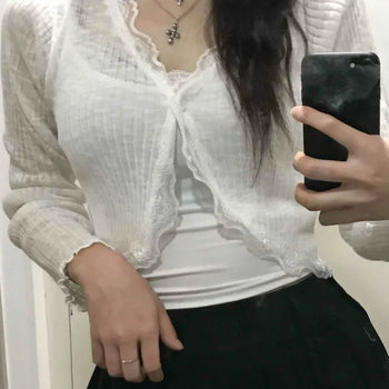 Frill-trimmed textured short cropped knit cardigan