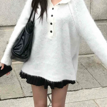 Polo Collar Drop Shoulder Button Knit