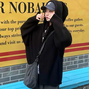 Street Mood Oversized Knit Ribbed Zip-Up Hoodie