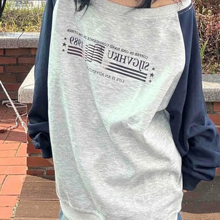 American Graphic Color Block Sleeve Loose Fit Sweatshirt