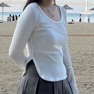 See-through Square Neck Slim Fit Rolled Long Sleeve T-shirt