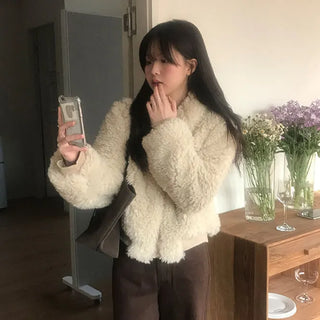 Ulan Faux Fur Jacket Beige/Year-end Look/Fur Jacket/Daily Look/High Quality/Collared Jacket/Fur Zip-up/Fur Jacket
