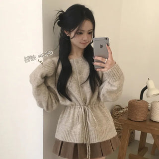 Innocent Mood, Thick Wool Boat Neck Raglan Waist Drawstring Loose Fit Knit Cardigan