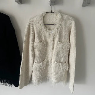 French fringe button round neck cardigan