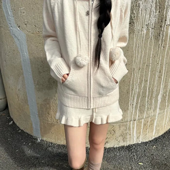 Pom-pom Hairy Loose Fit Knit Zip-up Hoodie