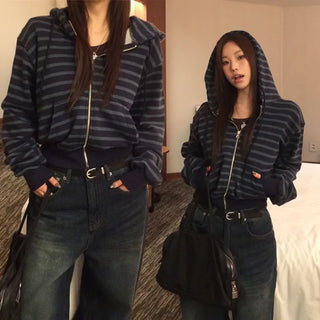 Blimy Striped Color Block Zip-up Hoodie