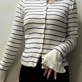 Collarless Striped Bell Sleeve Knit Cardigan