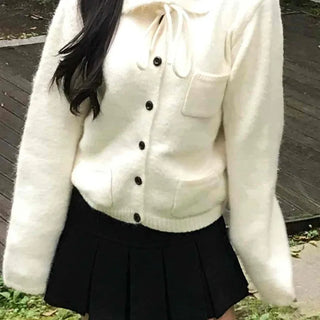 Ribbon Tie Collar Crop Knit Cardigan