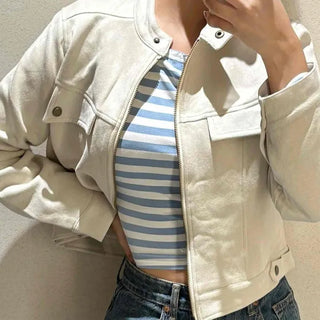 Stand Collar Crop Leather Jacket