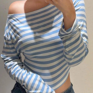 Off-shoulder Boat Neck Striped Crop T-shirt