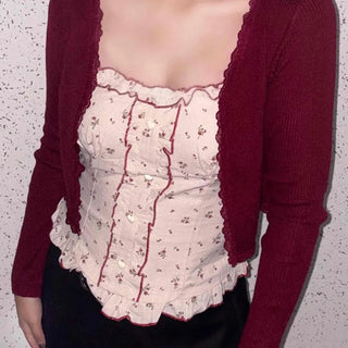 Square Neck Flower Knit Cardigan Two-Piece
