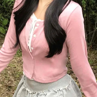 Ribbon Tie Henley Neck Crop Knit T-shirt