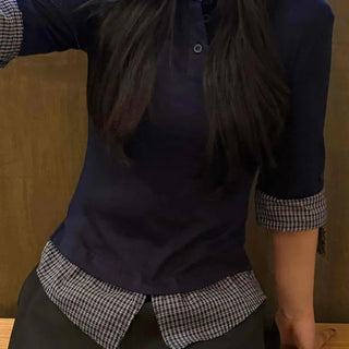 Henley neck button layered check color block T-shirt